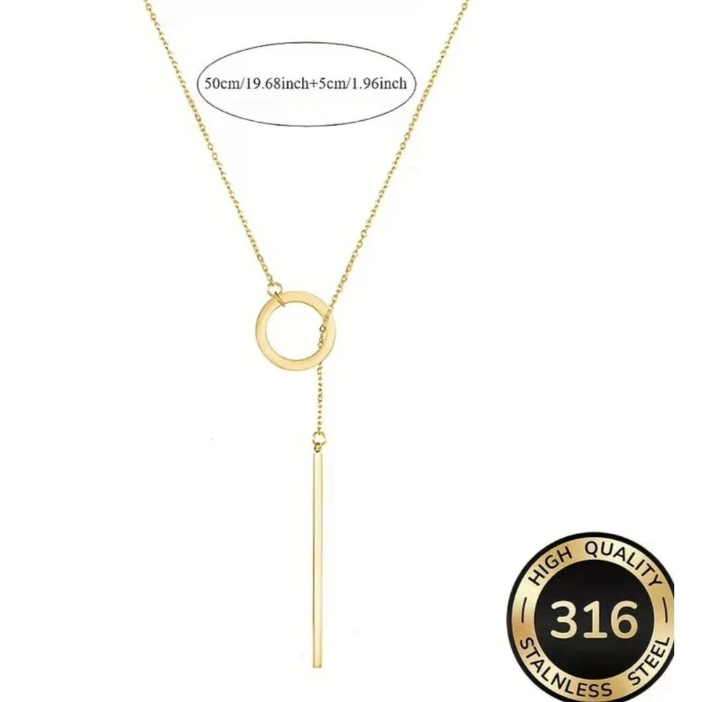 Dainty Bar and Loop Pendant Necklace Stainless Steel Gold-toned